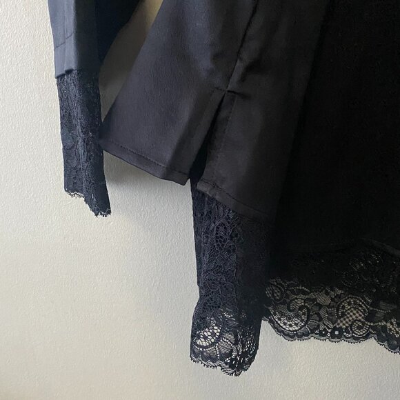 NWT Isaac Mizrah Live! Black Satin Lace Cuffs/Hem Blouse - Picture 9 of 13